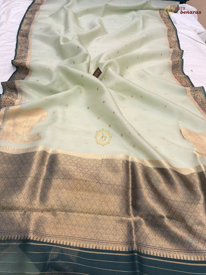 Pista Green Pure Kora Silk Banarasi Saree with Konia