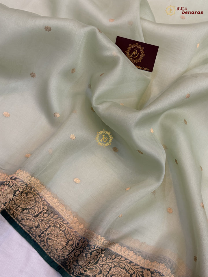 Pista Green Pure Kora Silk Banarasi Saree with Konia