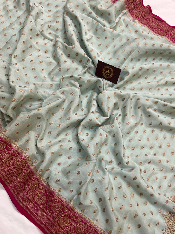 Pastel Grey Pure Banarasi Khaddi Crepe Silk Saree - Aura Benaras