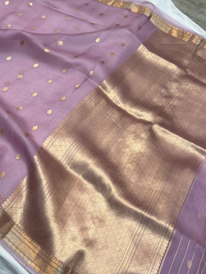 Dusty Lavender Pure Kora Silk Banarasi Saree with Kadhwa Butis 