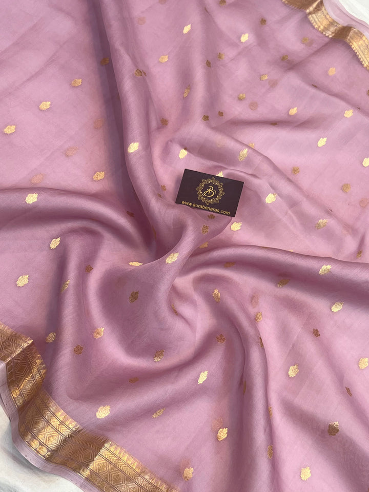 Dusty Lavender Pure Kora Silk Banarasi Saree with Kadhwa Butis 