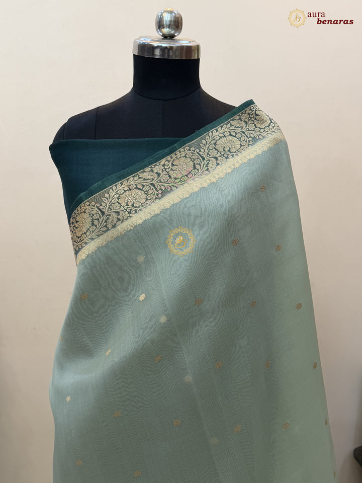 Pista Green Pure Kora Silk Banarasi Saree with Konia