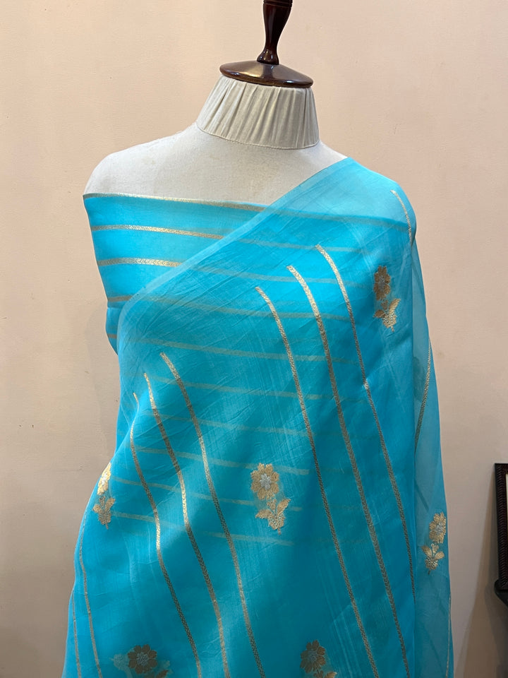 Sky Blue Banarasi Handloom Kora Silk Saree