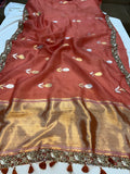 Rust Red Banarasi Handloom Kora Silk Saree - Aura Benaras