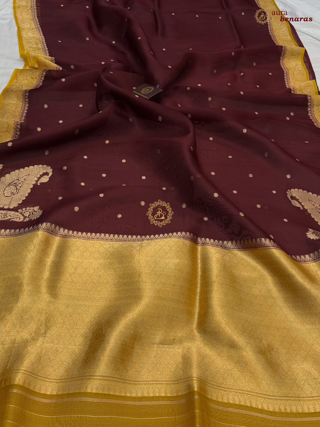 Chocolate Brown Pure Kora Silk Banarasi Saree with Konia
