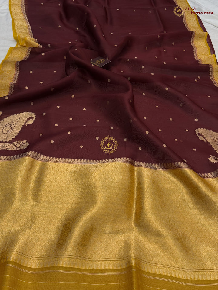 Chocolate Brown Pure Kora Silk Banarasi Saree with Konia