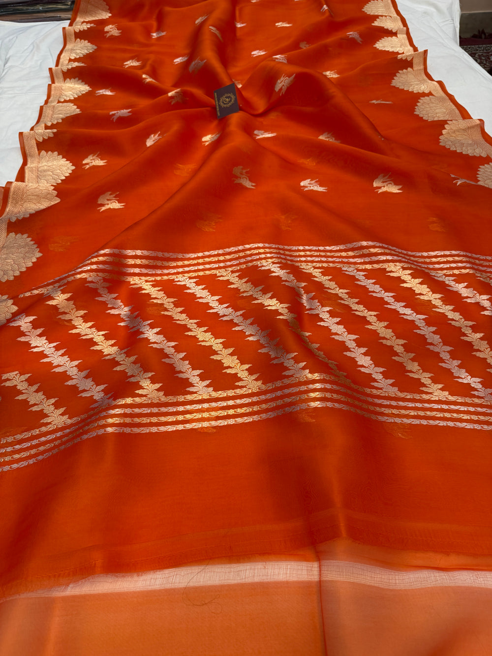 Orange Banarasi Handloom Kora Silk Saree