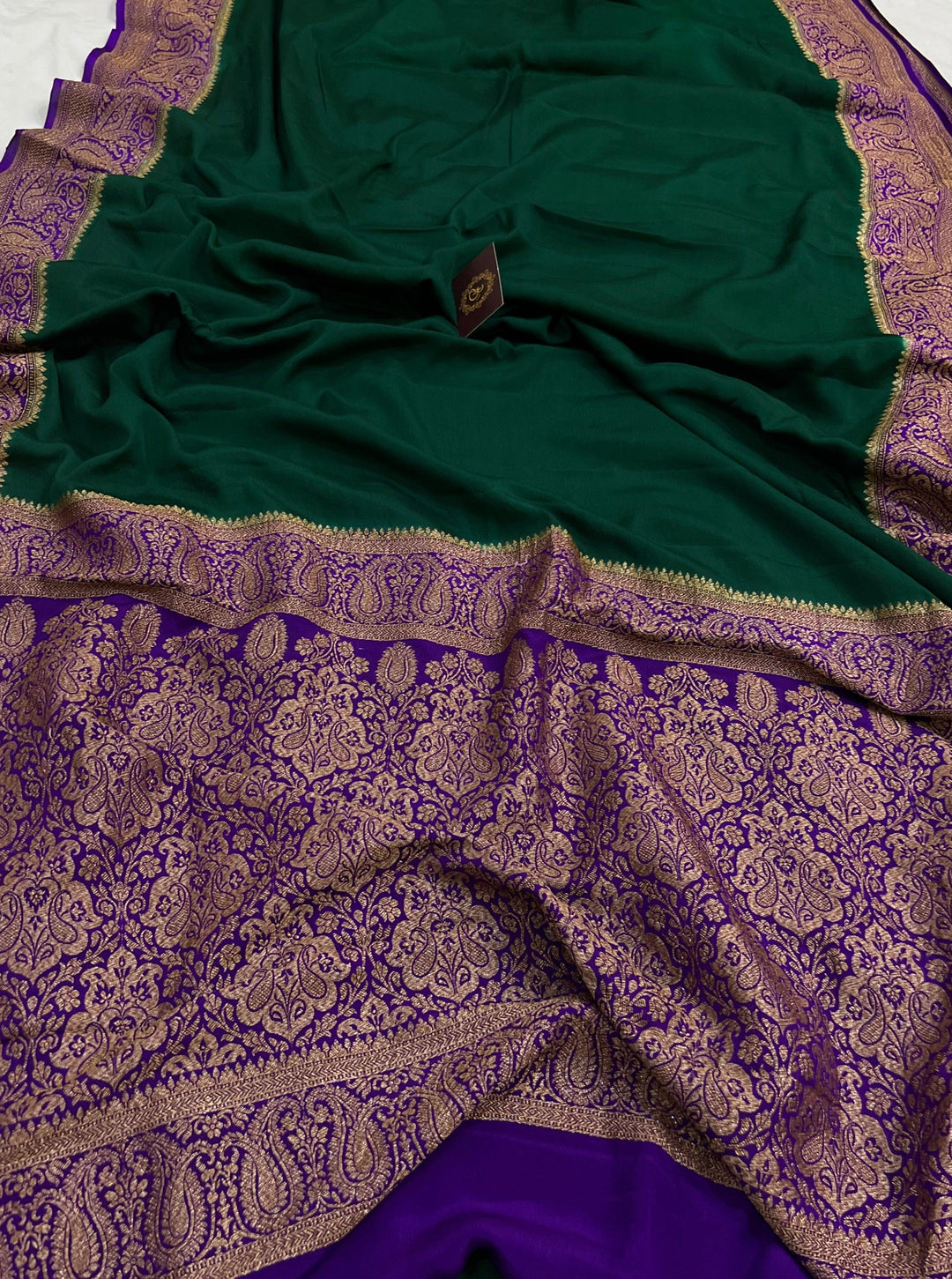 Bottle Green Pure Banarasi Khaddi Crepe Silk Saree - Aura Benaras