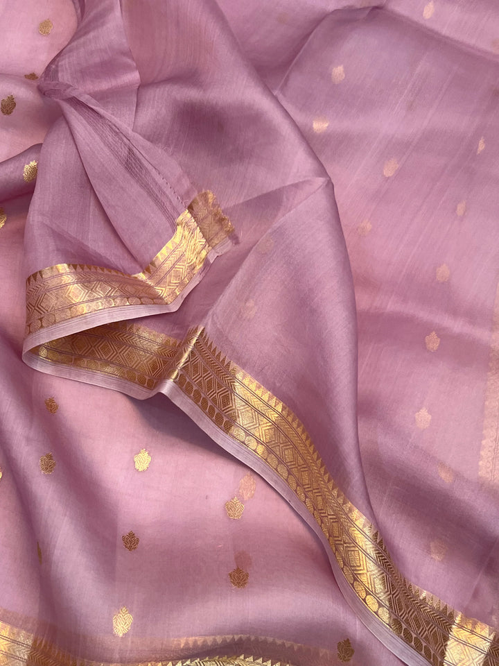 Dusty Lavender Pure Kora Silk Banarasi Saree with Kadhwa Butis 