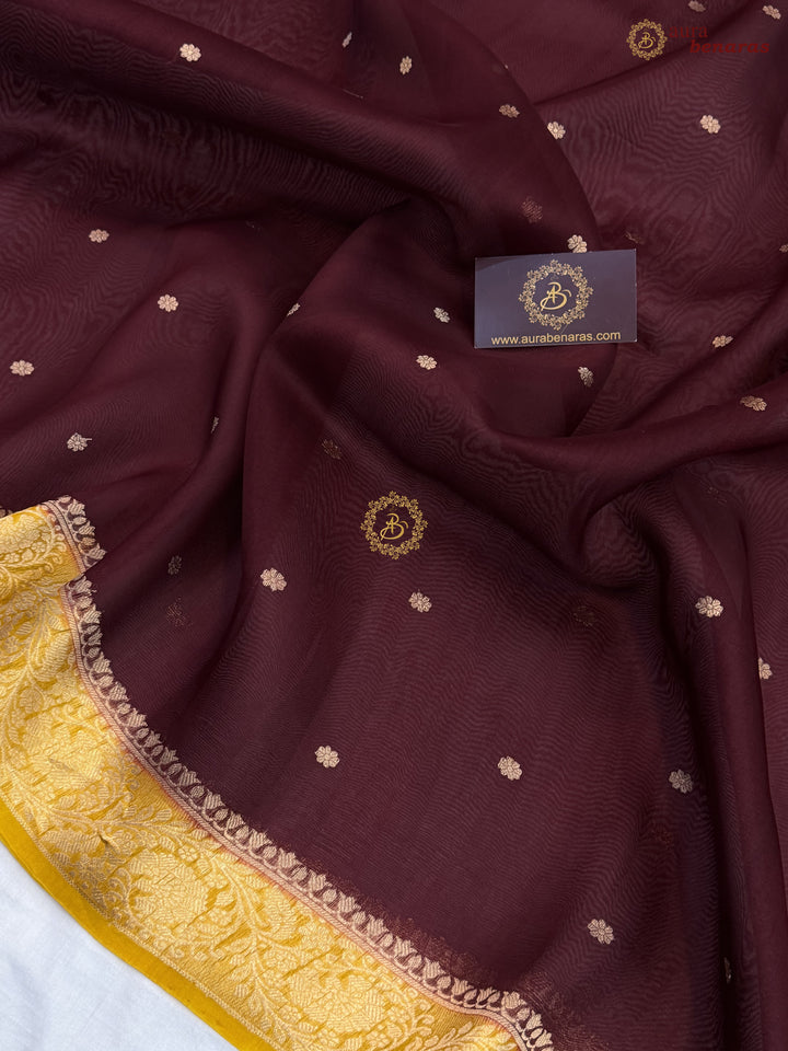 Chocolate Brown Pure Kora Silk Banarasi Saree with Konia