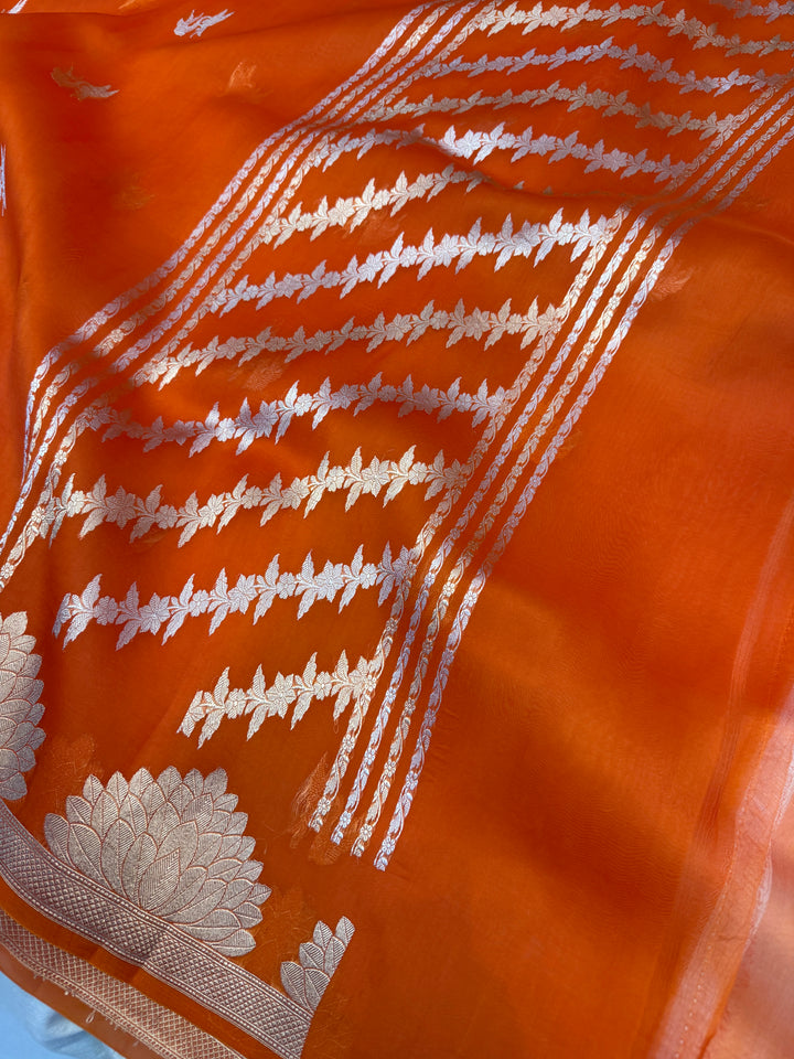 Orange Banarasi Handloom Kora Silk Saree
