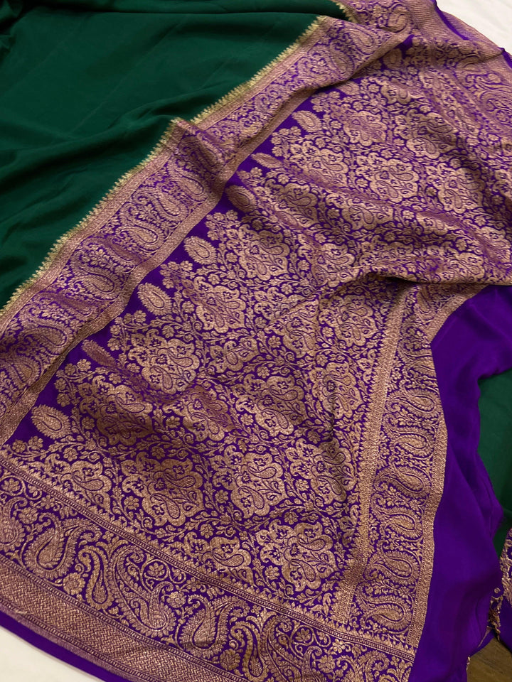 Bottle Green Pure Banarasi Khaddi Crepe Silk Saree - Aura Benaras