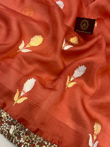 Rust Red Banarasi Handloom Kora Silk Saree - Aura Benaras