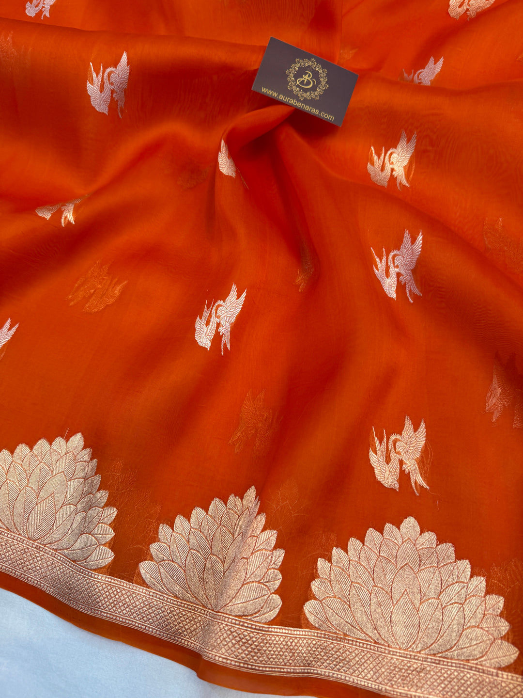 Orange Banarasi Handloom Kora Silk Saree