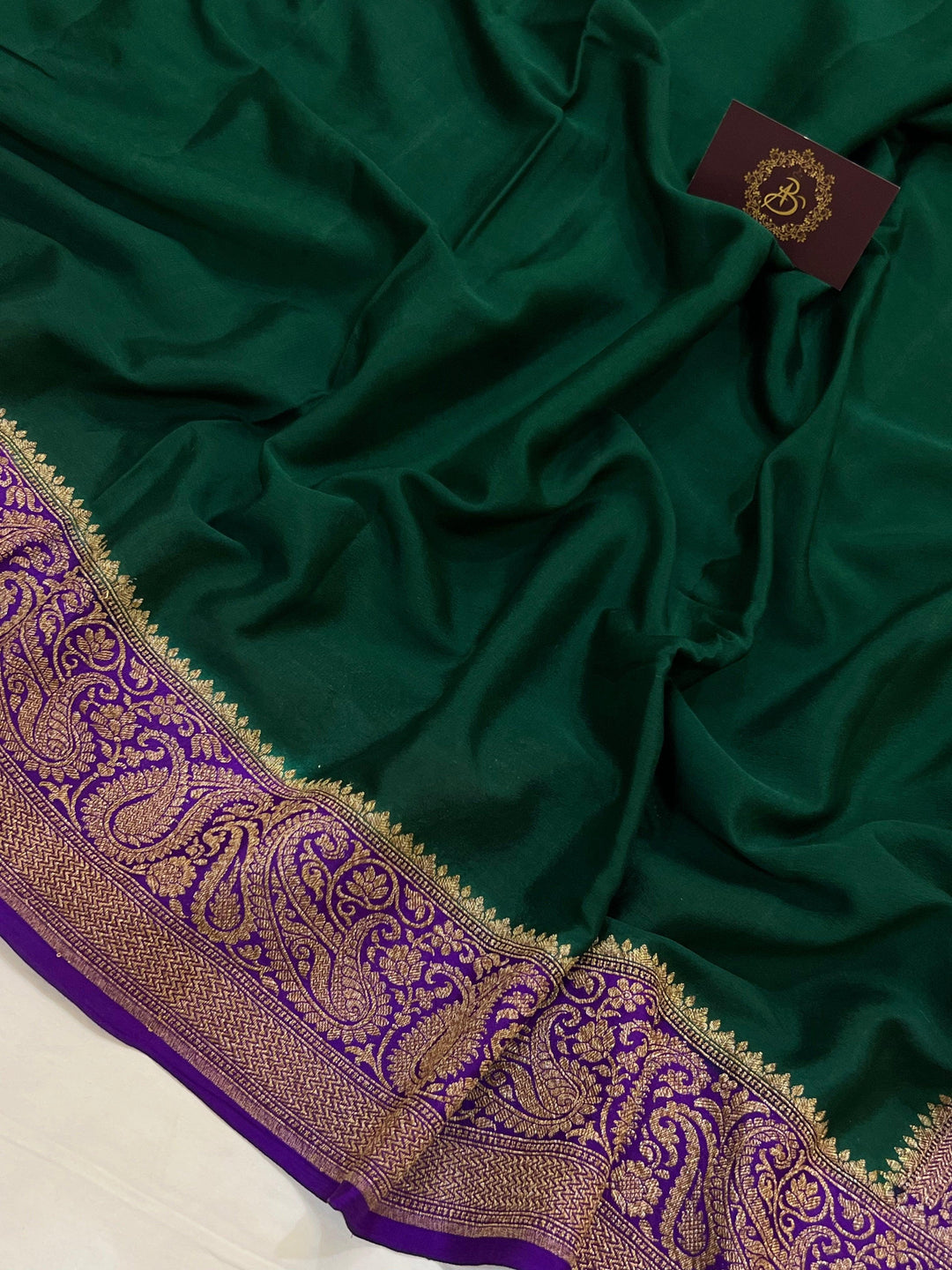 Bottle Green Pure Banarasi Khaddi Crepe Silk Saree - Aura Benaras