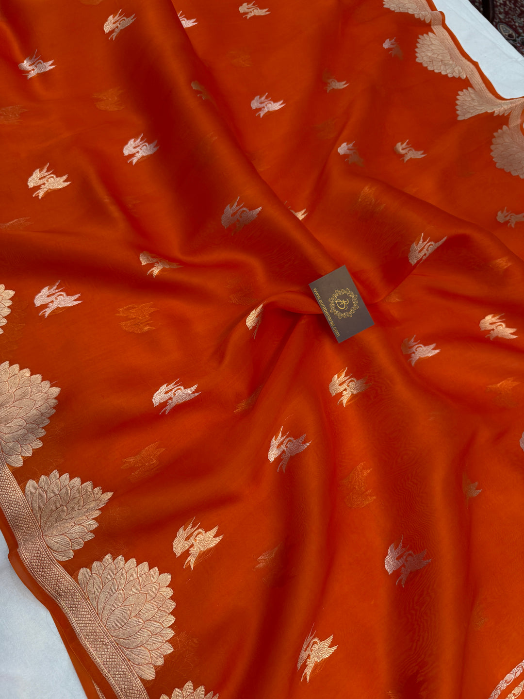 Orange Banarasi Handloom Kora Silk Saree