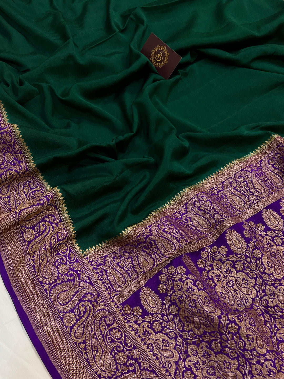 Bottle Green Pure Banarasi Khaddi Crepe Silk Saree - Aura Benaras