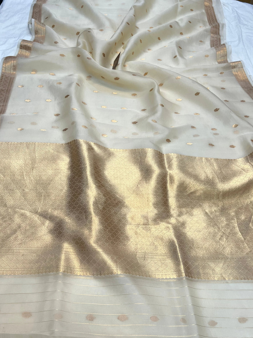 Off White Pure Kora Silk Banarasi Saree with Kadhwa Butis 