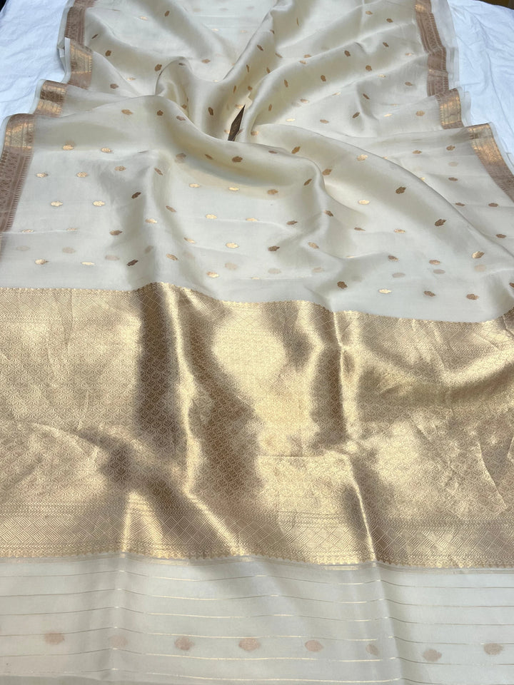 Off White Pure Kora Silk Banarasi Saree with Kadhwa Butis 
