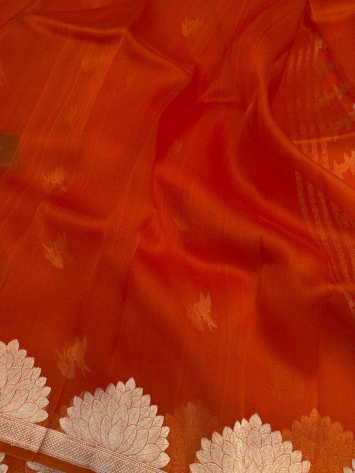 Orange Banarasi Handloom Kora Silk Saree