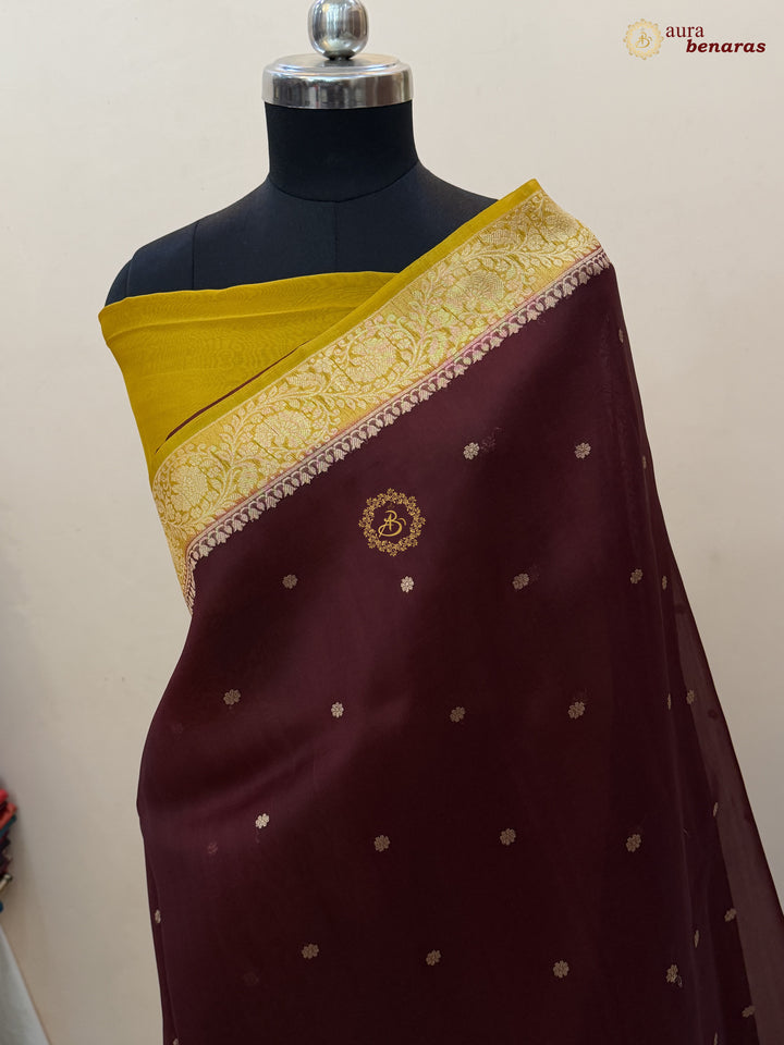 Chocolate Brown Pure Kora Silk Banarasi Saree with Konia