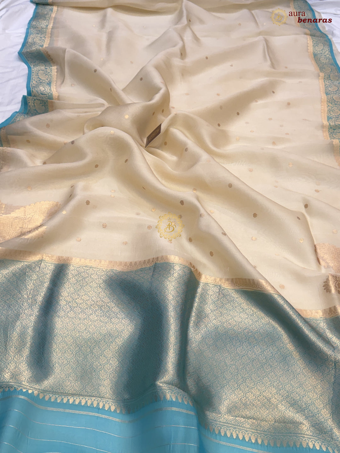 Cream Pure Kora Silk Banarasi Saree with Konia