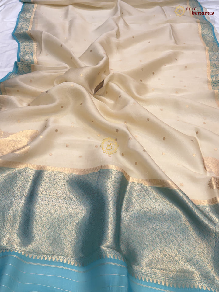 Cream Pure Kora Silk Banarasi Saree with Konia