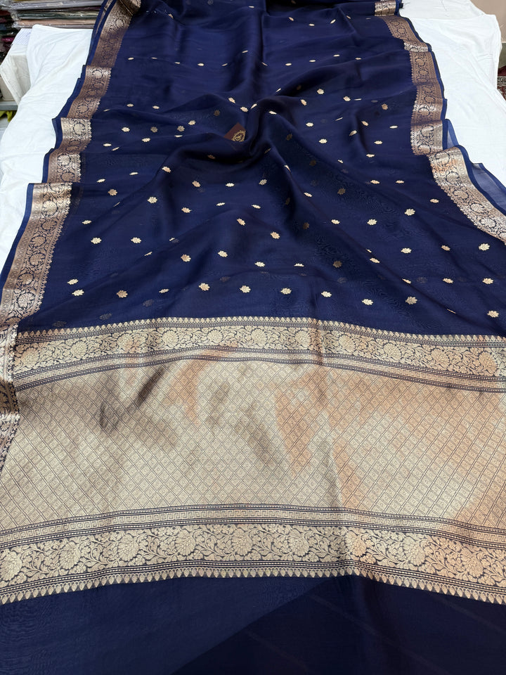 Navy Blue Banarasi Handloom Kora Silk Saree