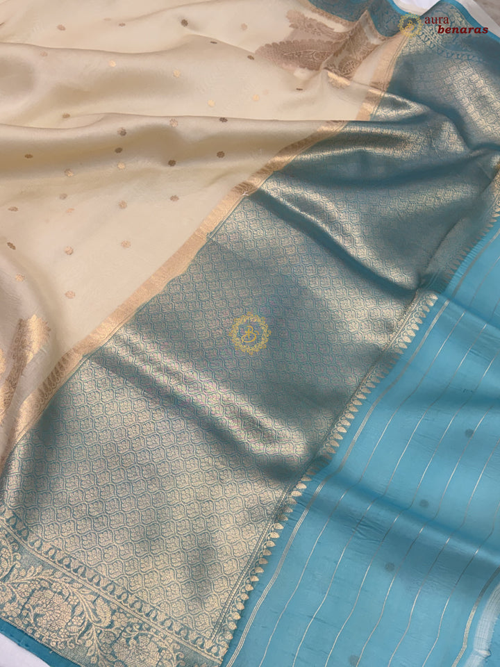 Cream Pure Kora Silk Banarasi Saree with Konia
