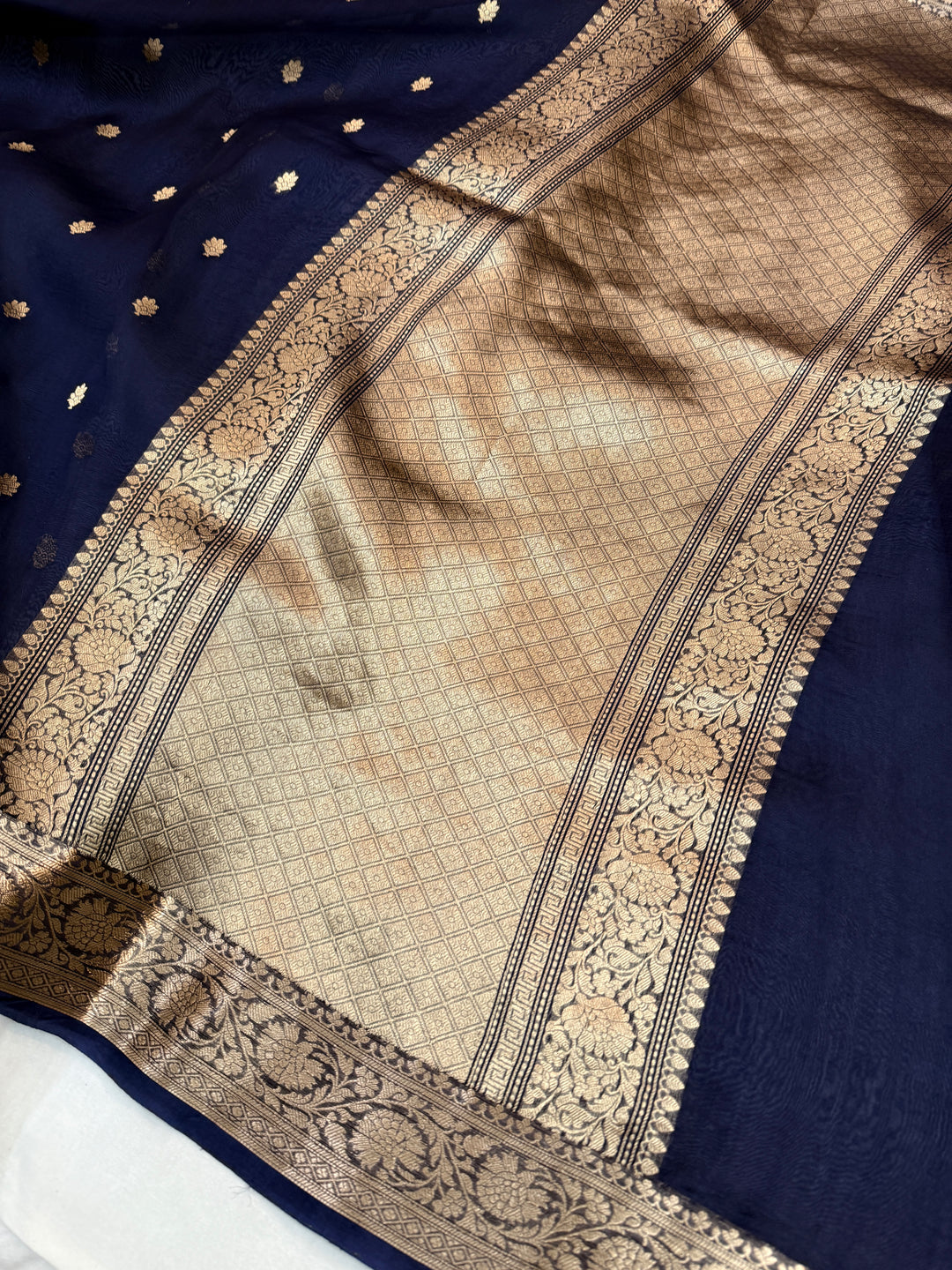 Navy Blue Banarasi Handloom Kora Silk Saree