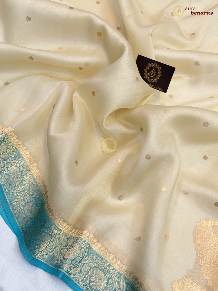 Cream Pure Kora Silk Banarasi Saree with Konia