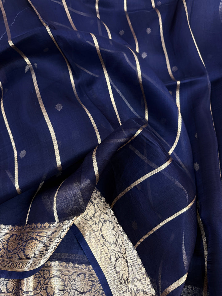 Navy Blue Banarasi Handloom Kora Silk Saree
