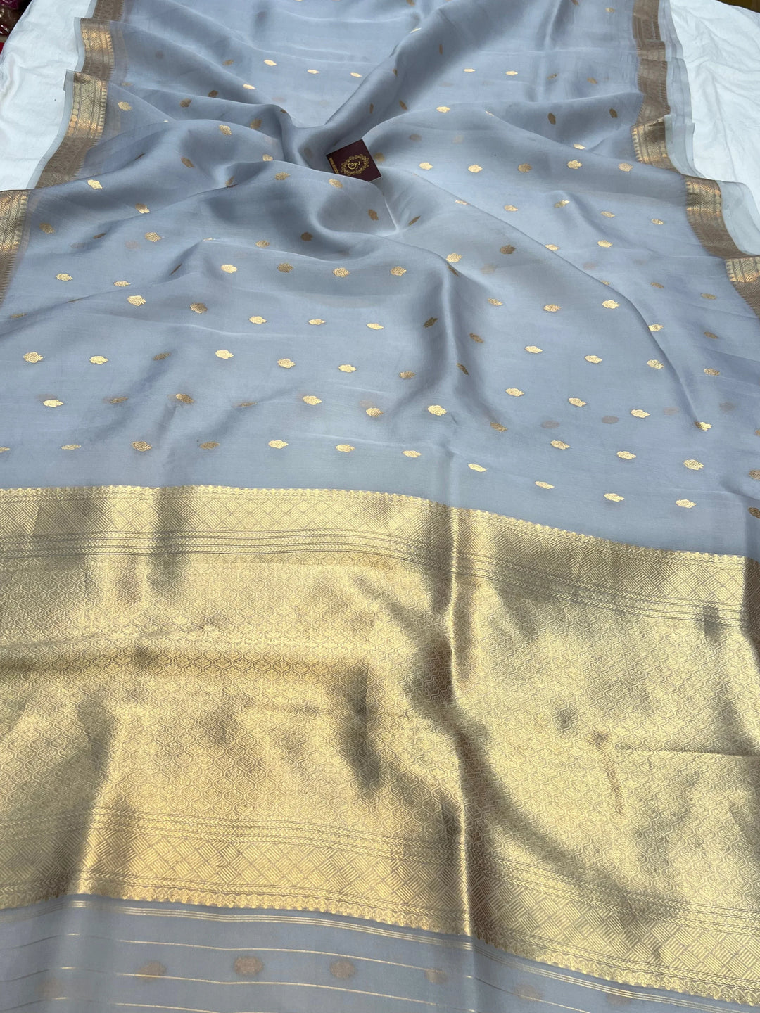 Dusty Blue Pure Kora Silk Banarasi Saree with Kadhwa Butis 
