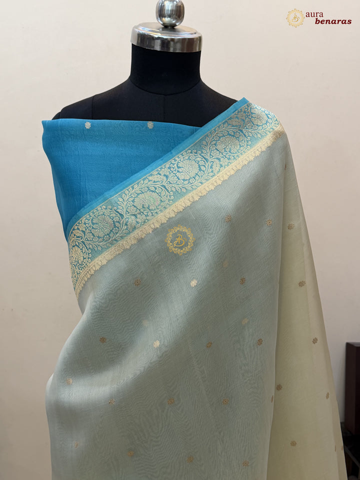 Cream Pure Kora Silk Banarasi Saree with Konia