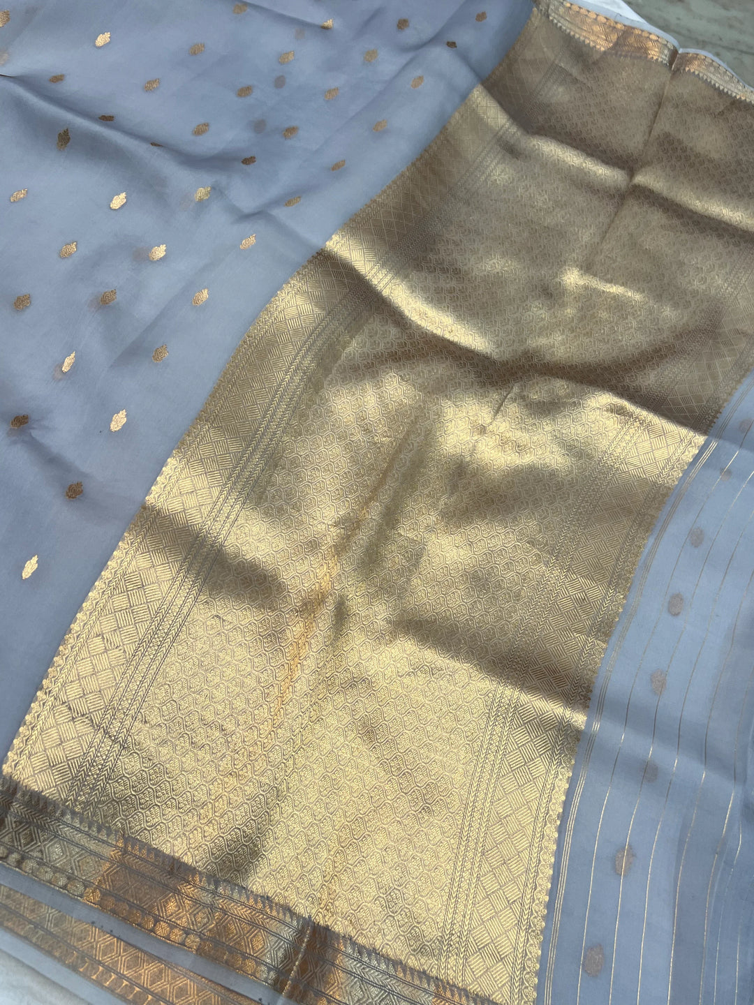 Dusty Blue Pure Kora Silk Banarasi Saree with Kadhwa Butis 