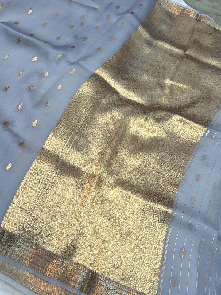Dusty Blue Pure Kora Silk Banarasi Saree with Kadhwa Butis 