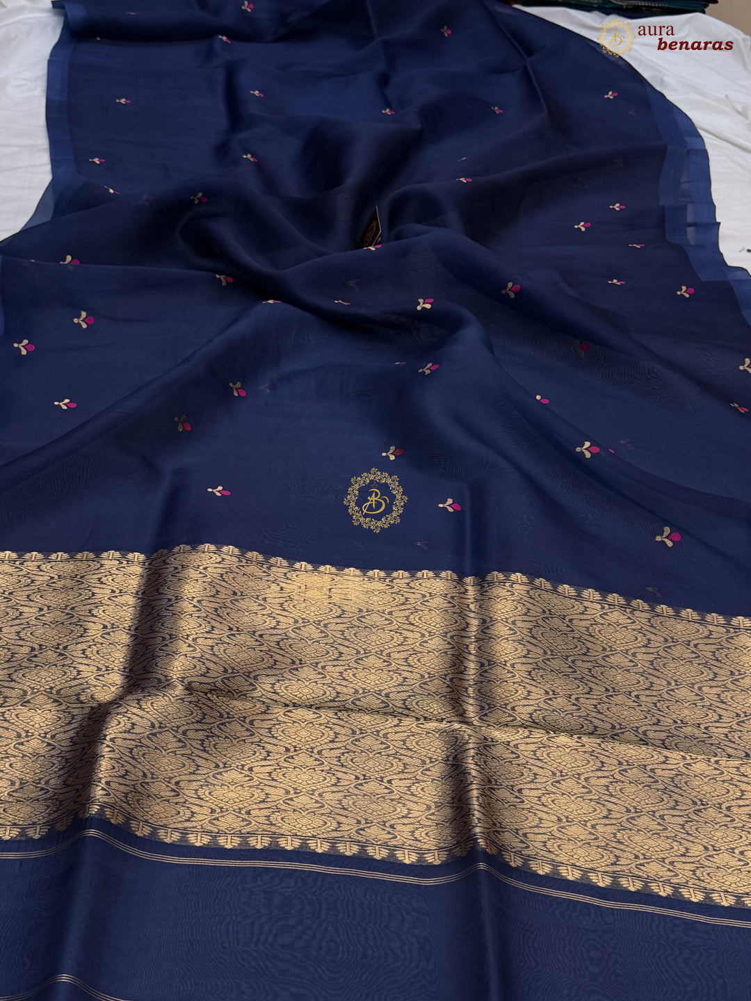 Navy Blue Banarasi Handloom Kora Silk Saree - Aura Benaras