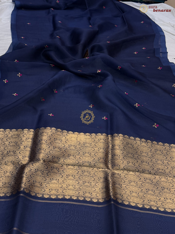 Navy Blue Banarasi Handloom Kora Silk Saree - Aura Benaras