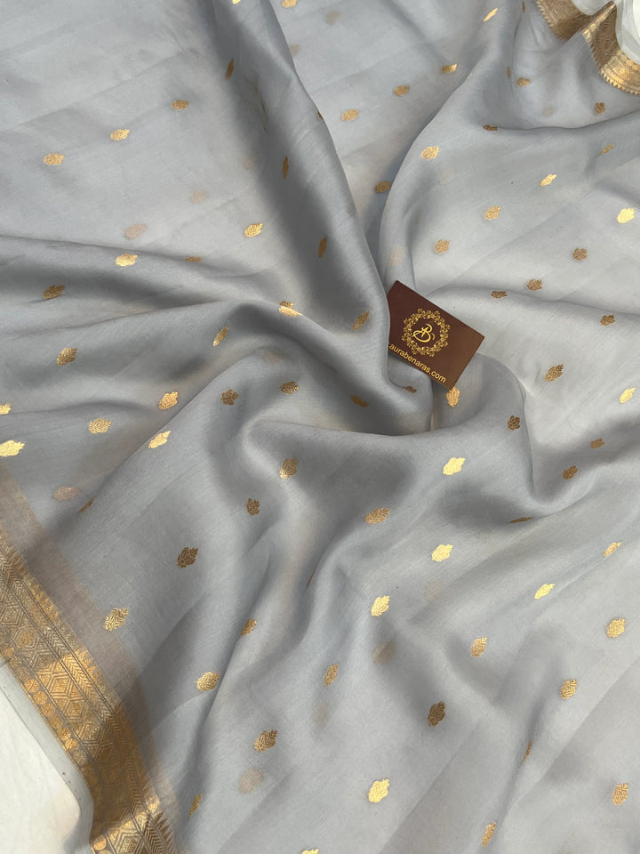 Dusty Blue Pure Kora Silk Banarasi Saree with Kadhwa Butis 