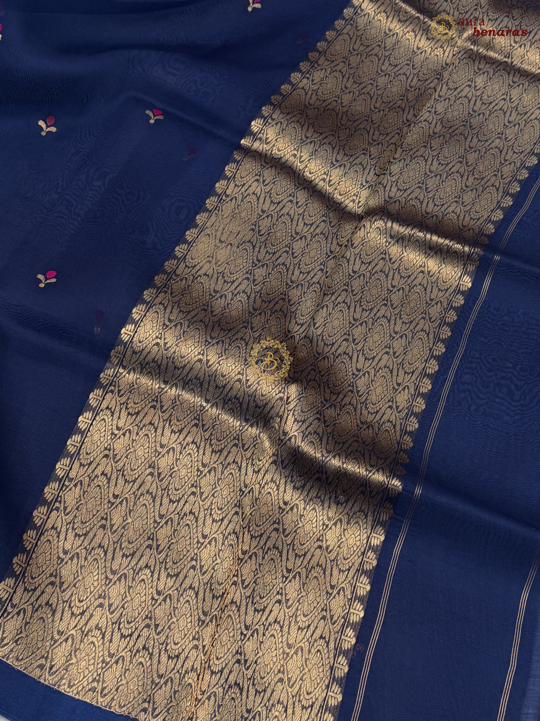 Navy Blue Banarasi Handloom Kora Silk Saree - Aura Benaras