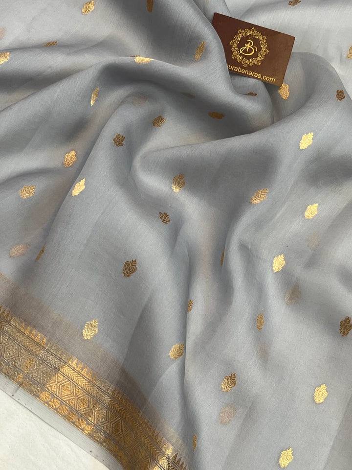 Dusty Blue Pure Kora Silk Banarasi Saree with Kadhwa Butis 