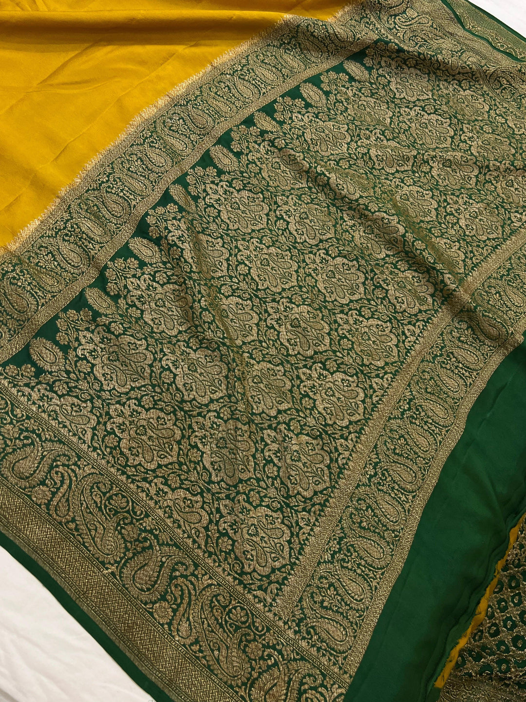 Mustard Yellow Pure Banarasi Khaddi Crepe Silk Saree - Aura Benaras