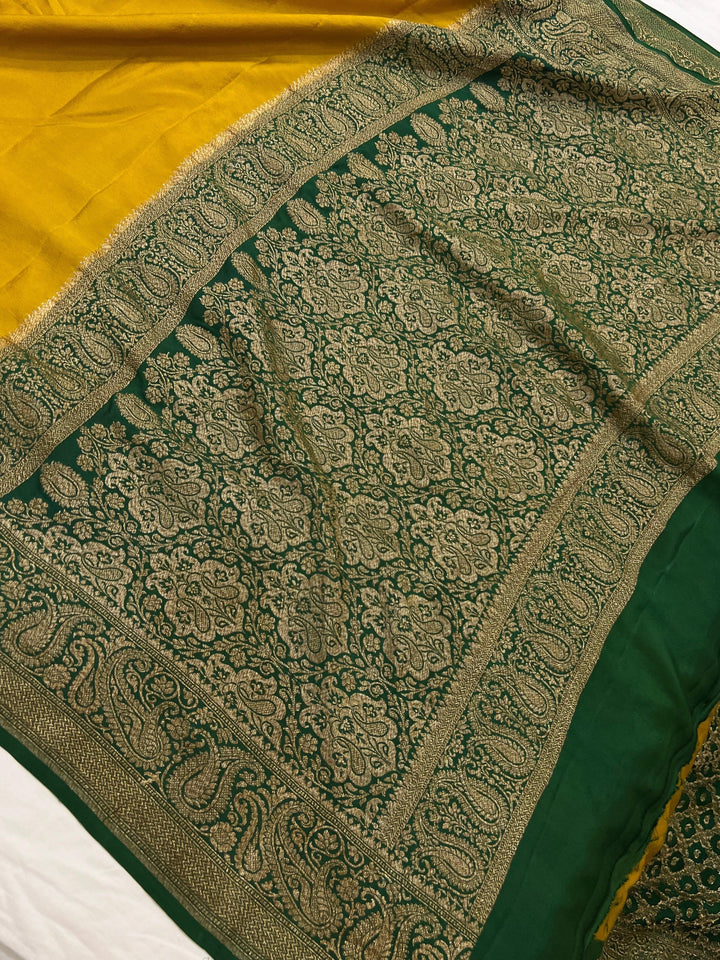 Mustard Yellow Pure Banarasi Khaddi Crepe Silk Saree - Aura Benaras