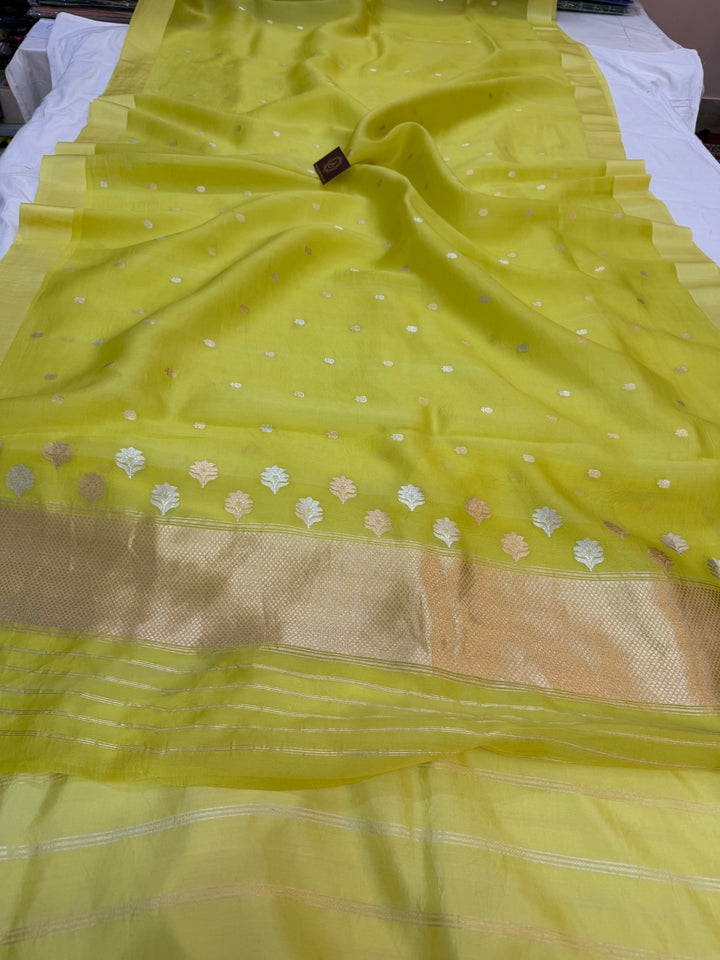 Lemon Yellow Pure Kora Silk Handloom Banarasi Saree