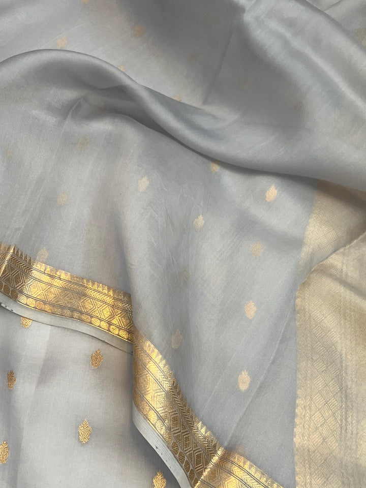Dusty Blue Pure Kora Silk Banarasi Saree with Kadhwa Butis 