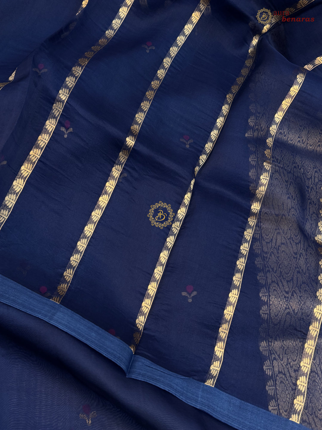 Navy Blue Banarasi Handloom Kora Silk Saree - Aura Benaras