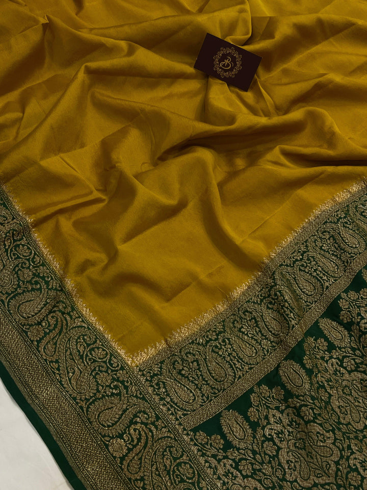 Mustard Yellow Pure Banarasi Khaddi Crepe Silk Saree - Aura Benaras
