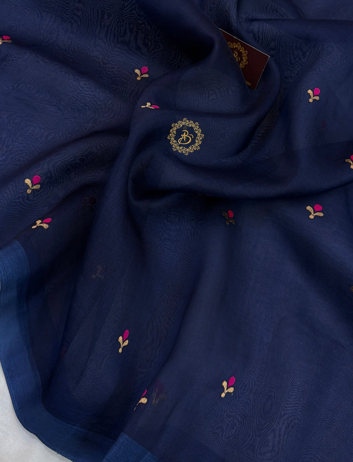 Navy Blue Banarasi Handloom Kora Silk Saree - Aura Benaras