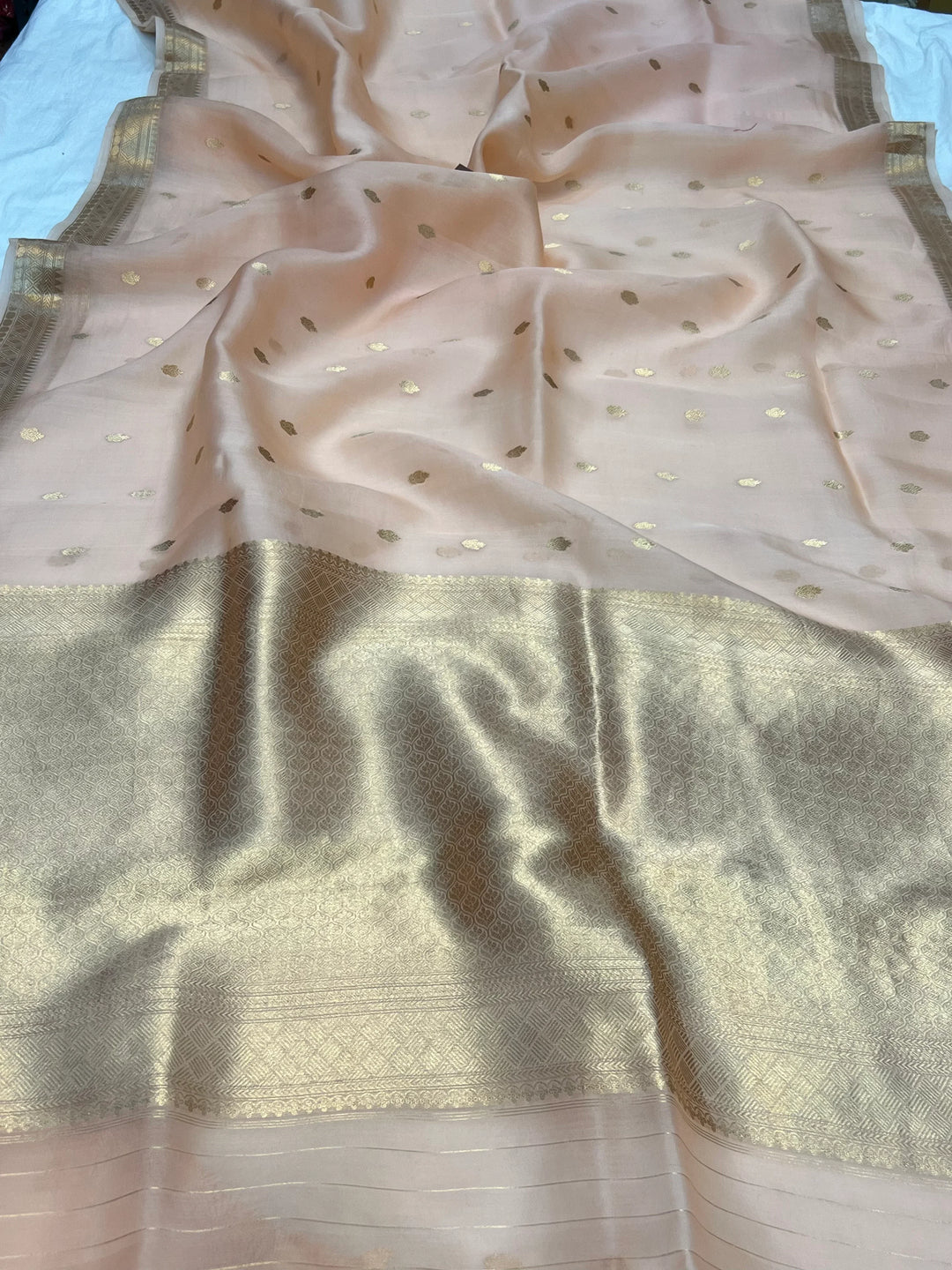 Pale Peach Pure Kora Silk Banarasi Saree with Kadhwa Butis 