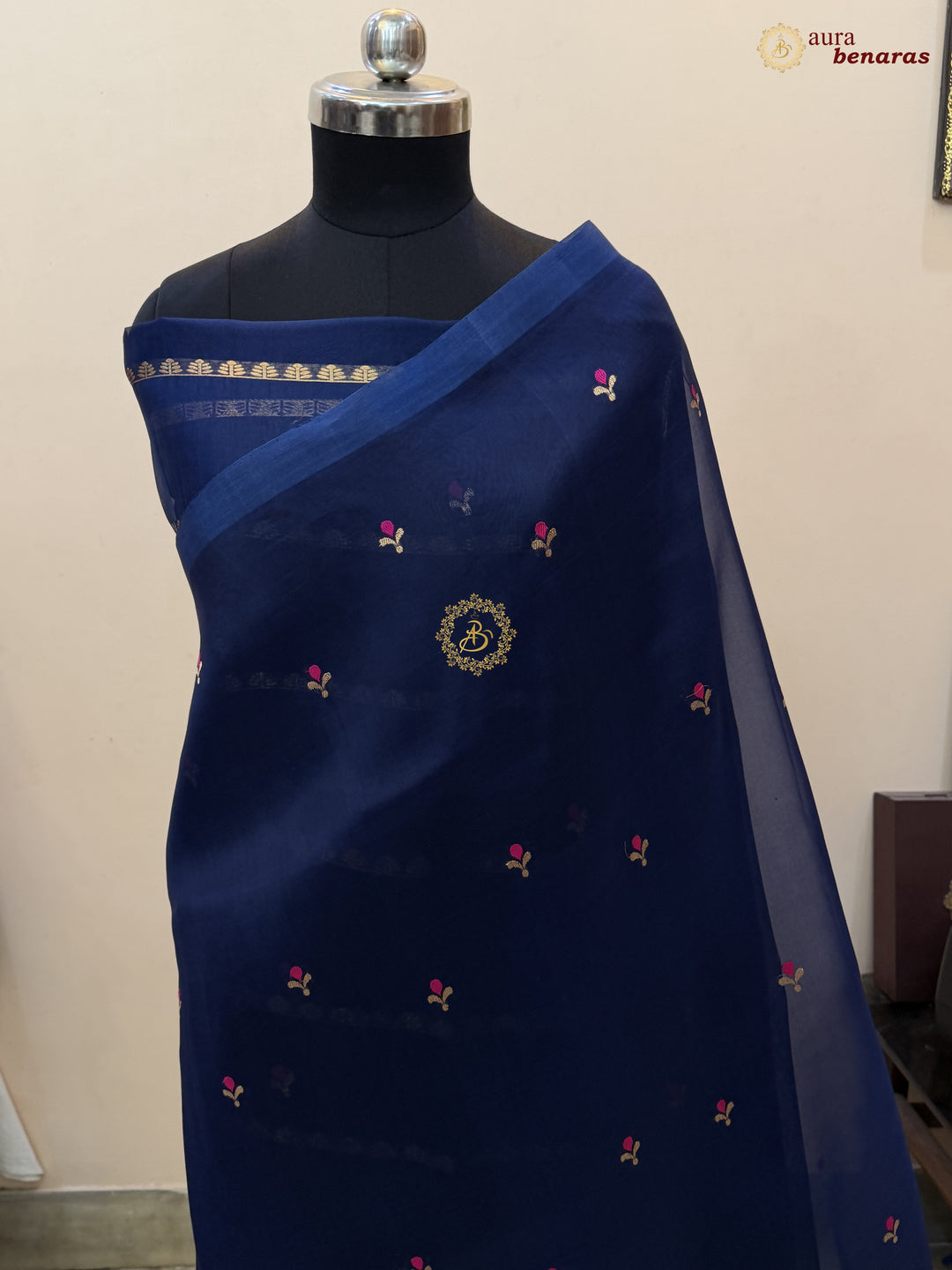Navy Blue Banarasi Handloom Kora Silk Saree - Aura Benaras